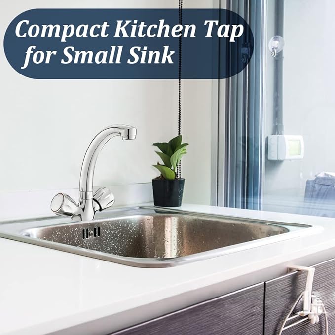 BATHWEST Mini Bar Tap – Compact Dual Knob Kitchen Sink Tap, 360° Swivel, Chrome Finish