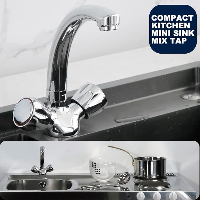 BATHWEST Mini Bar Tap – Compact Dual Knob Kitchen Sink Tap, 360° Swivel, Chrome Finish