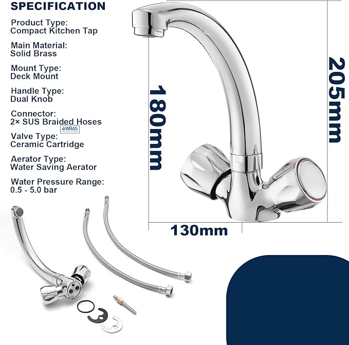 BATHWEST Mini Bar Tap – Compact Dual Knob Kitchen Sink Tap, 360° Swivel, Chrome Finish