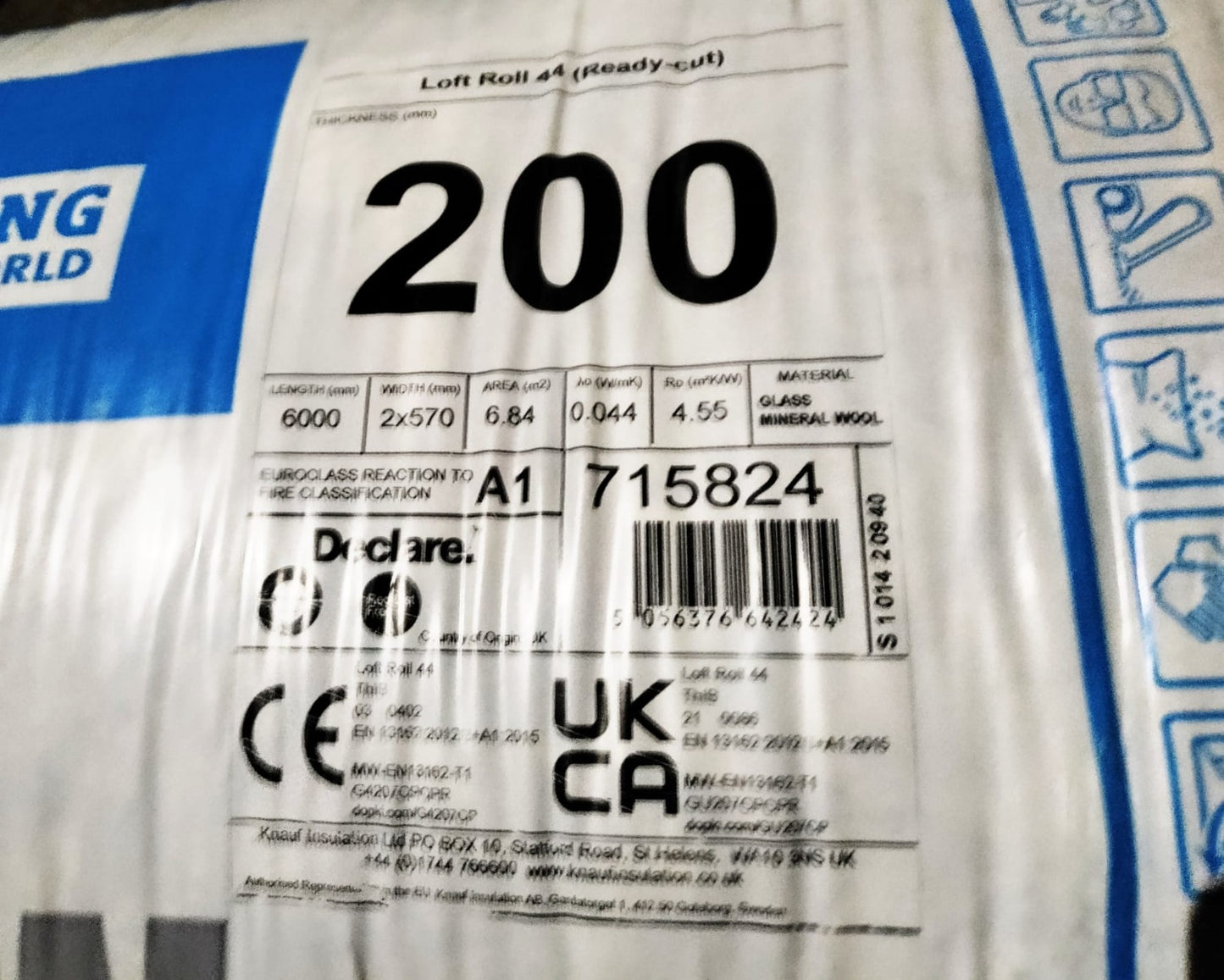 Knauf 200mm Loft Insulation Roll - 6.84m² Coverage (2x570mm Rolls)