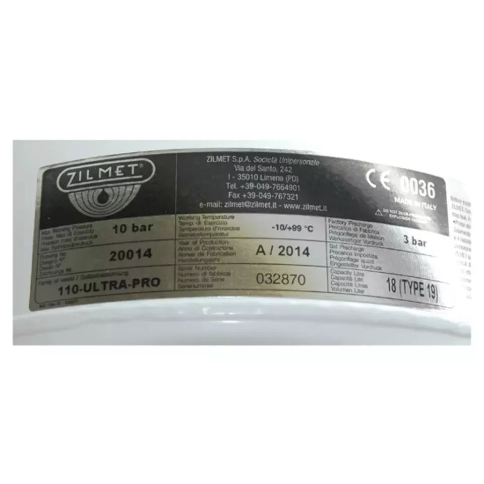 Zilmet Ultra Pro 19 Litre Potable Expansion Vessel with 22mm Connection